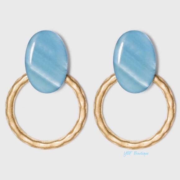 New Blue & Burnished Gold Door Knocker Post Drop Hoop Statement Fashion Earrings - Picture 3 of 3